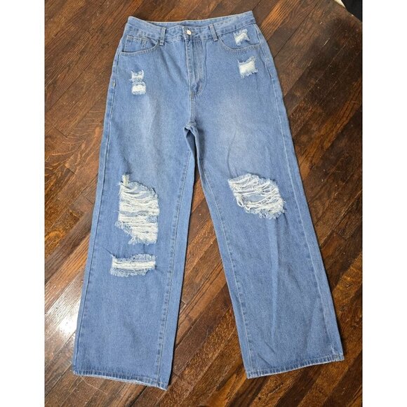 Wide Leg Distressed Casual Jeans - Picture 12 of 14
